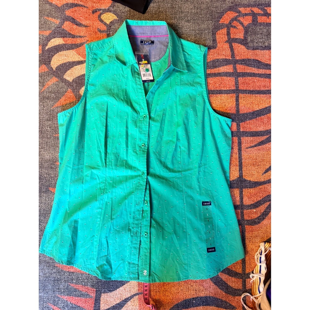 IZOD Womens Sleeveless Button Down Shirt Green Micro Dot Pattern Top Large NWT